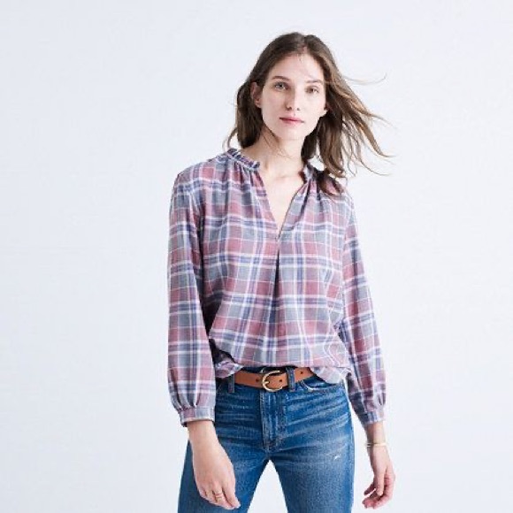 Madewell Tops - Madewell OS Rivet & Thread Gathered Collar Shirt Blouse in Avery Plaid